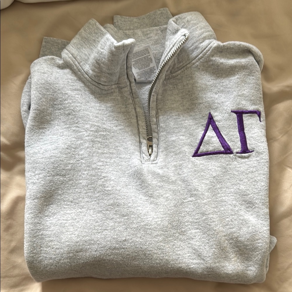 Delta Gamma Zip Up Gray and Purple Sweater